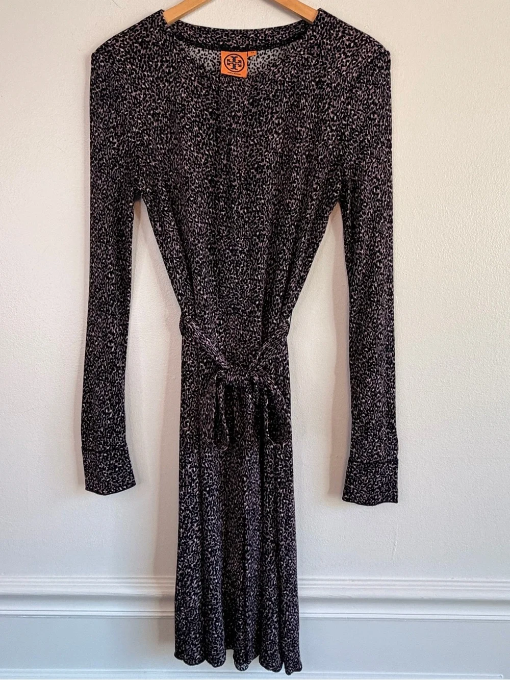 Tory Burch Leopard Print Long-Sleeve Belted Sheath Dress Purple Women’s Size XS
